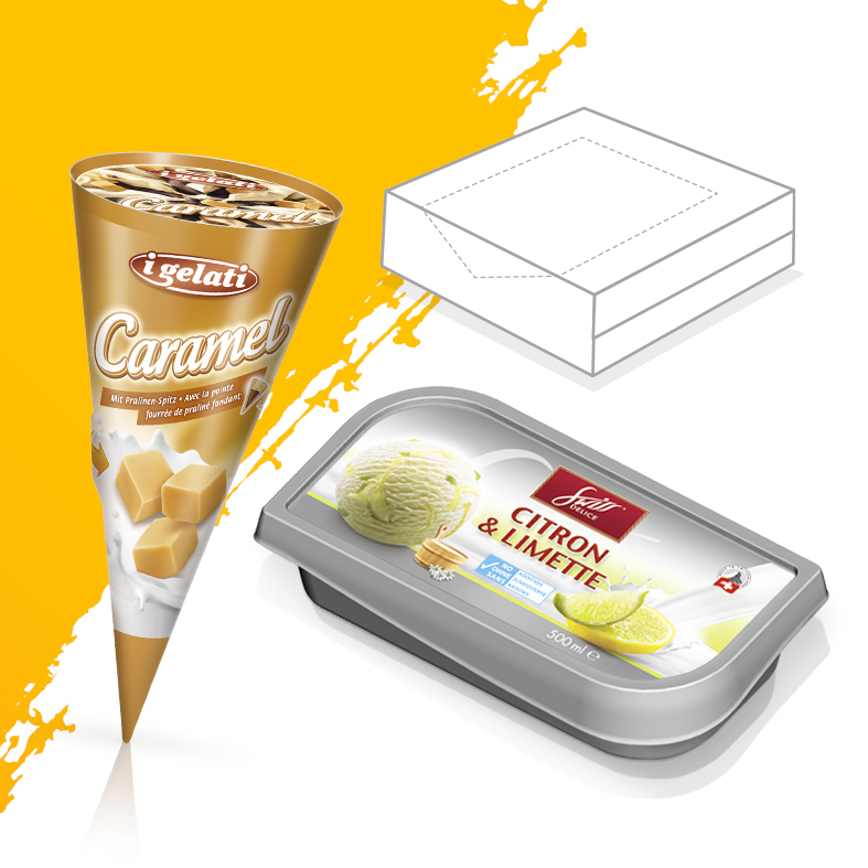 PACKAGING DESIGN. Igelati Cornet Produktlinie. Swissdelice Citron&Limette Eis Produktlinie. Illustration GlaceSchachtel mit Aufrisslasche.