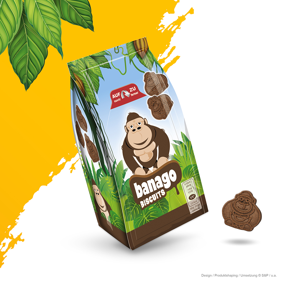 BANAGO Biskuits, Verpackungsdesign und Schokolade Gueztli mit coolem AffenDesign (Produkt-Shaping)