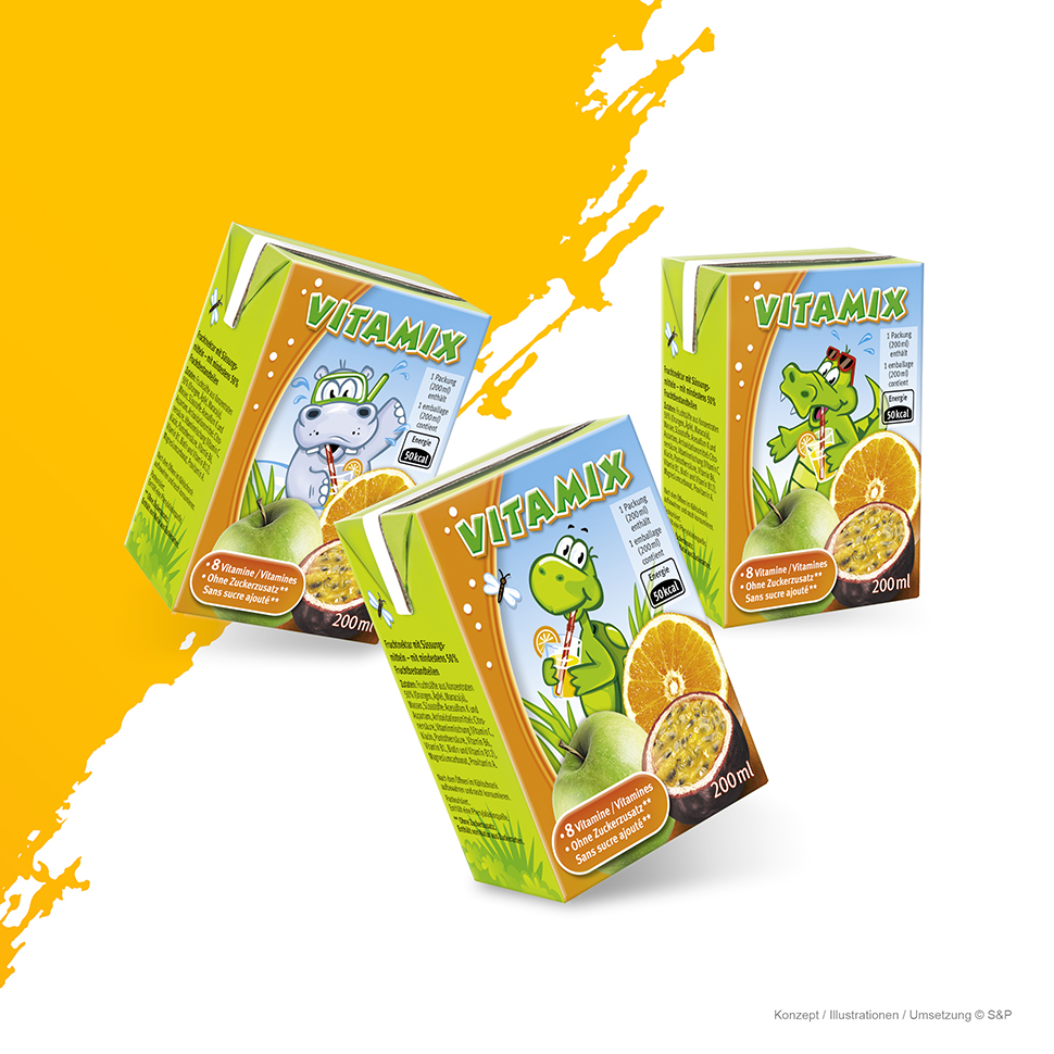 VITAMIX & FRUTIX Verpackung mit süssem KidsDesign. 2 6erPackungen a je 3 Sujets (Motiven) Krokodil, Schildkröte, Nilpferd, Konzeption/Umsetzung/Illustrationen ©S&P