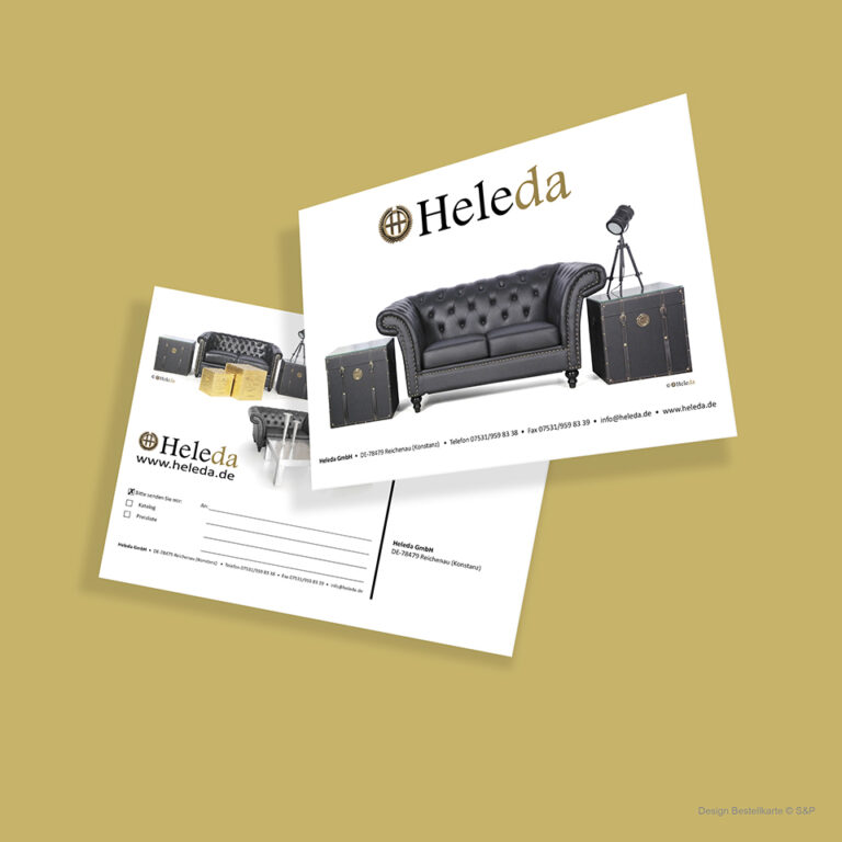 Design, Konzeption und Umsetzung: Heleda Katalog, Bestellkarten, etc. Hochwertige Sofas, Stühle & Tische, Ottomanen, Leuchten, Truhen und luxuriöse Deko-Produkte.