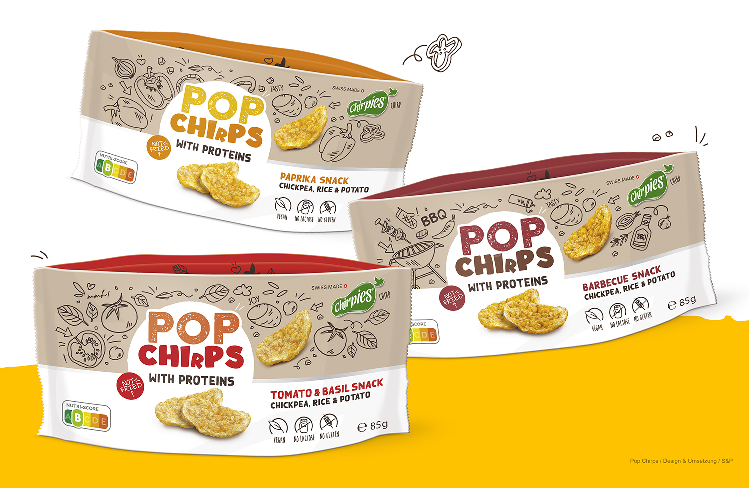 Pop Chirps, Verpackungsdesign: Snacks mit Kichererbsen