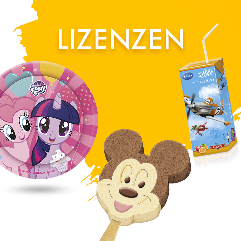 Lizenzprodukte für Kinder: My Little Pony Pappteller, Disney Planes Vitaldrink und Mickey Mouse Eis vor einem gelben Hintergrund.