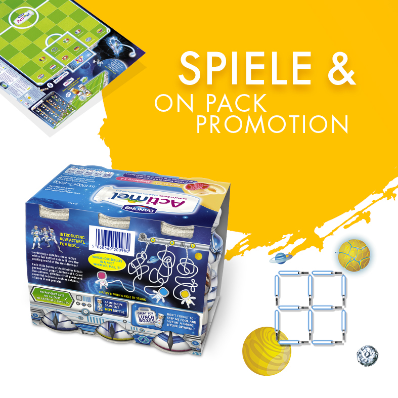 Danone Actimel Verpackung mit On-Pack Promotion und Spielideen, vor einem gelben Hintergrund mit dem Schriftzug 'Spiele & On Pack Promotion'.