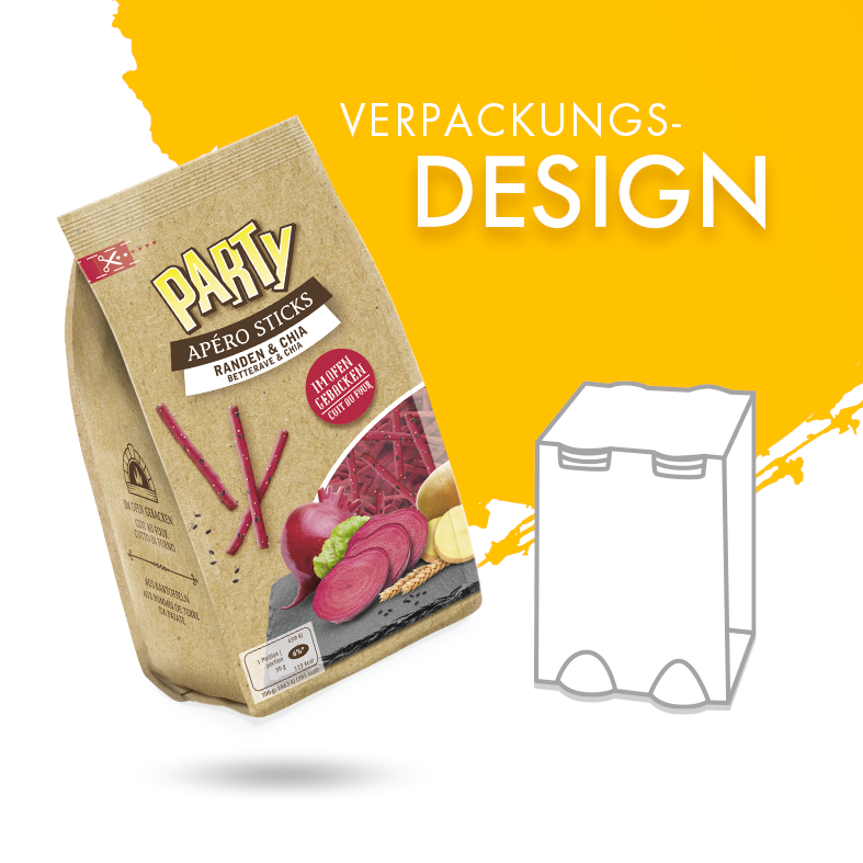 Verpackungsdesign für Party Apéro Sticks Randen & Chia vor einem gelben Hintergrund.