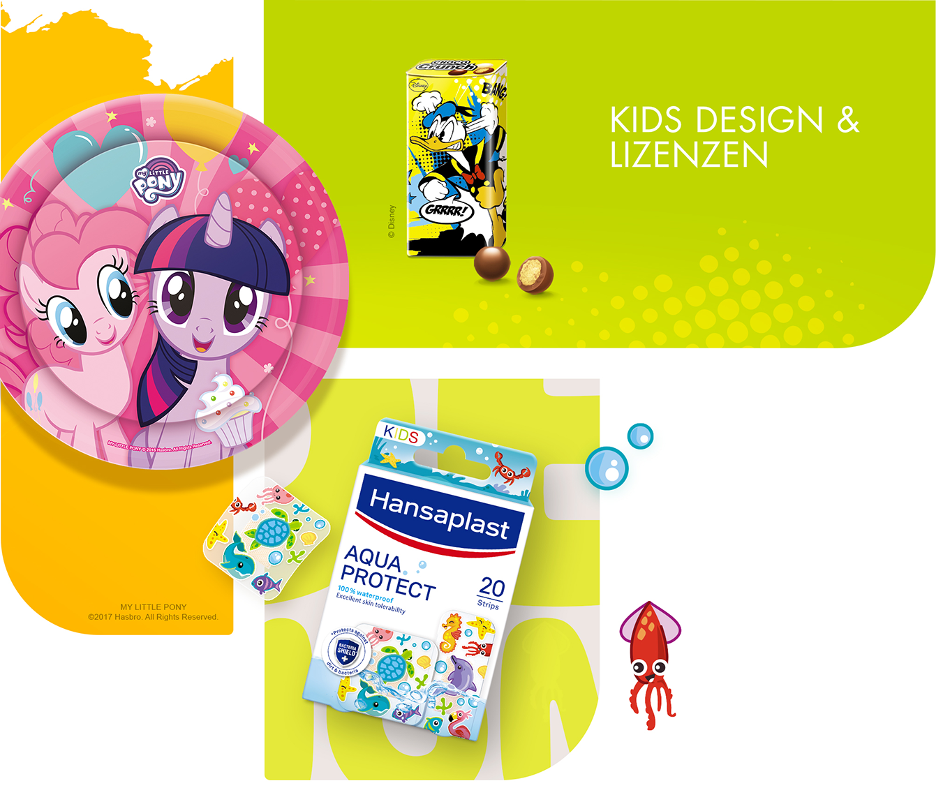 Kindgerechte Verpackungsdesigns mit Lizenzmotiven und Hansaplast Kids Aqua Protect Verpackung