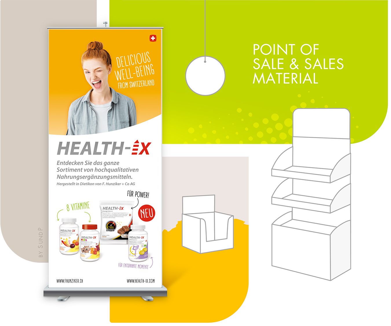 Verkaufsförderungsmittel mit Roll-up-Display, Produktpräsentation und Display-Skizzen