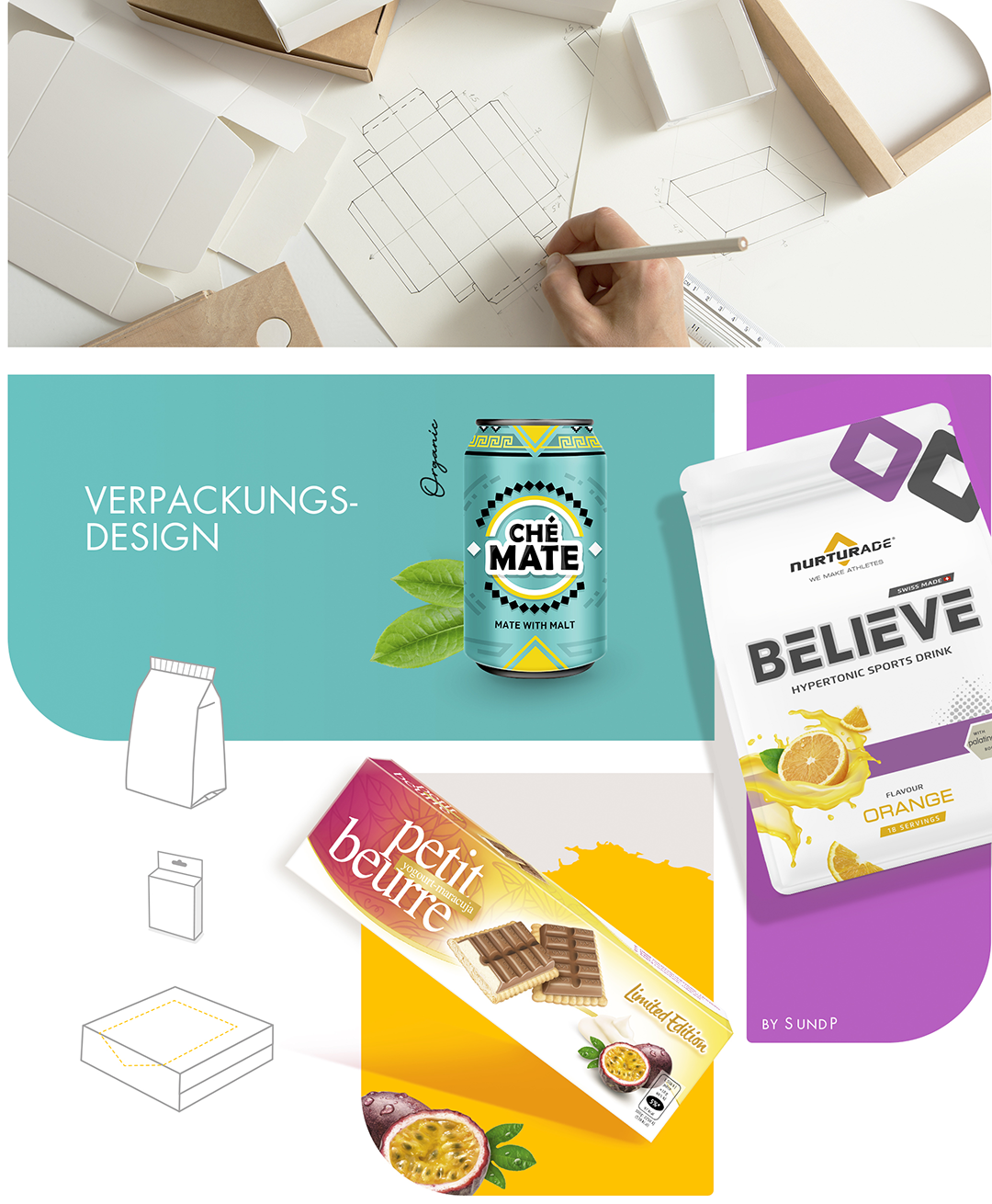 Collage mit Verpackungsskizzen und gestalteten Verpackungen für Lebensmittel, Sportnahrung und Kosmetik