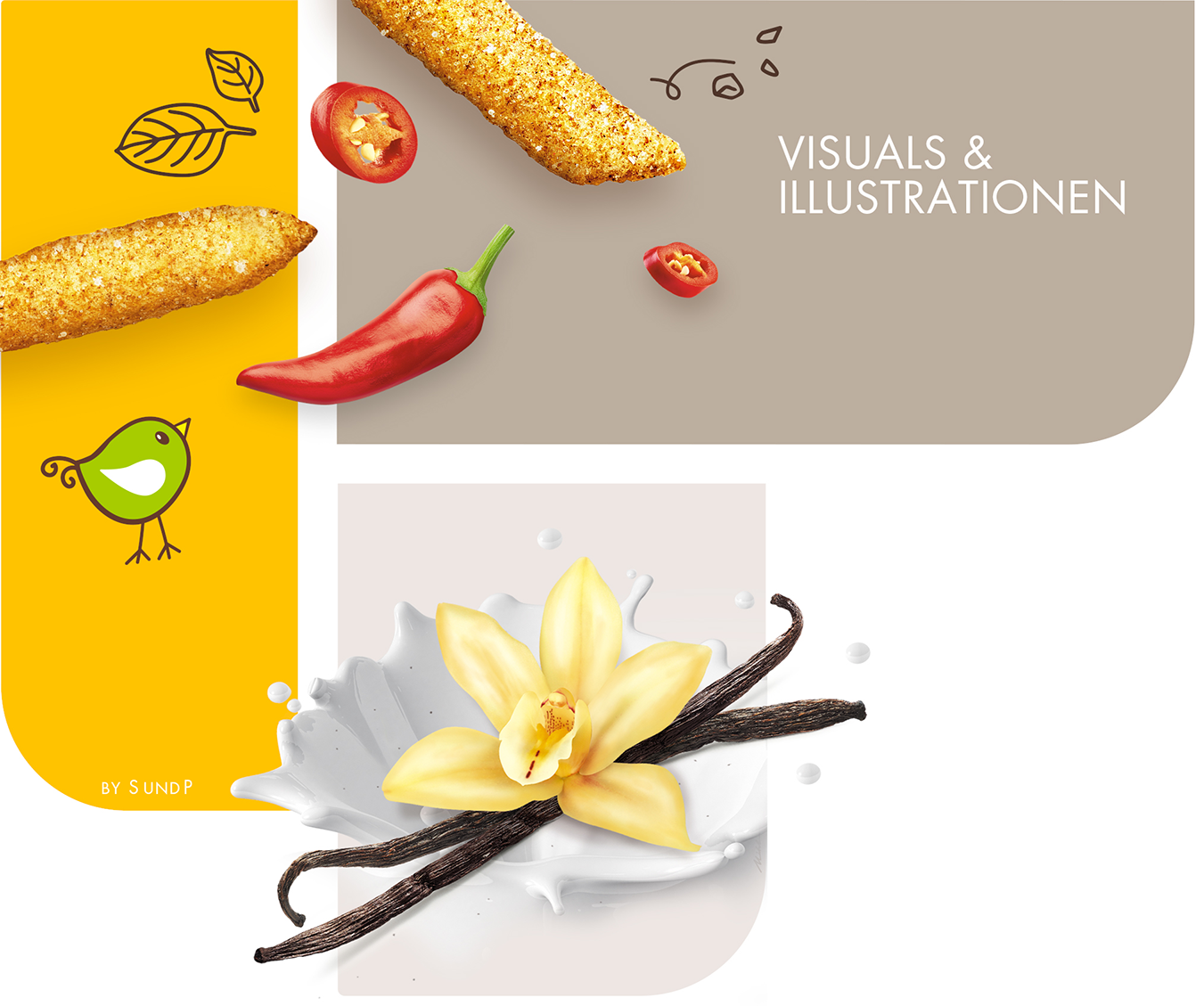 Illustrative Markenvisuals mit Zutatenmotiven und grafischen Elementen für Verpackungen