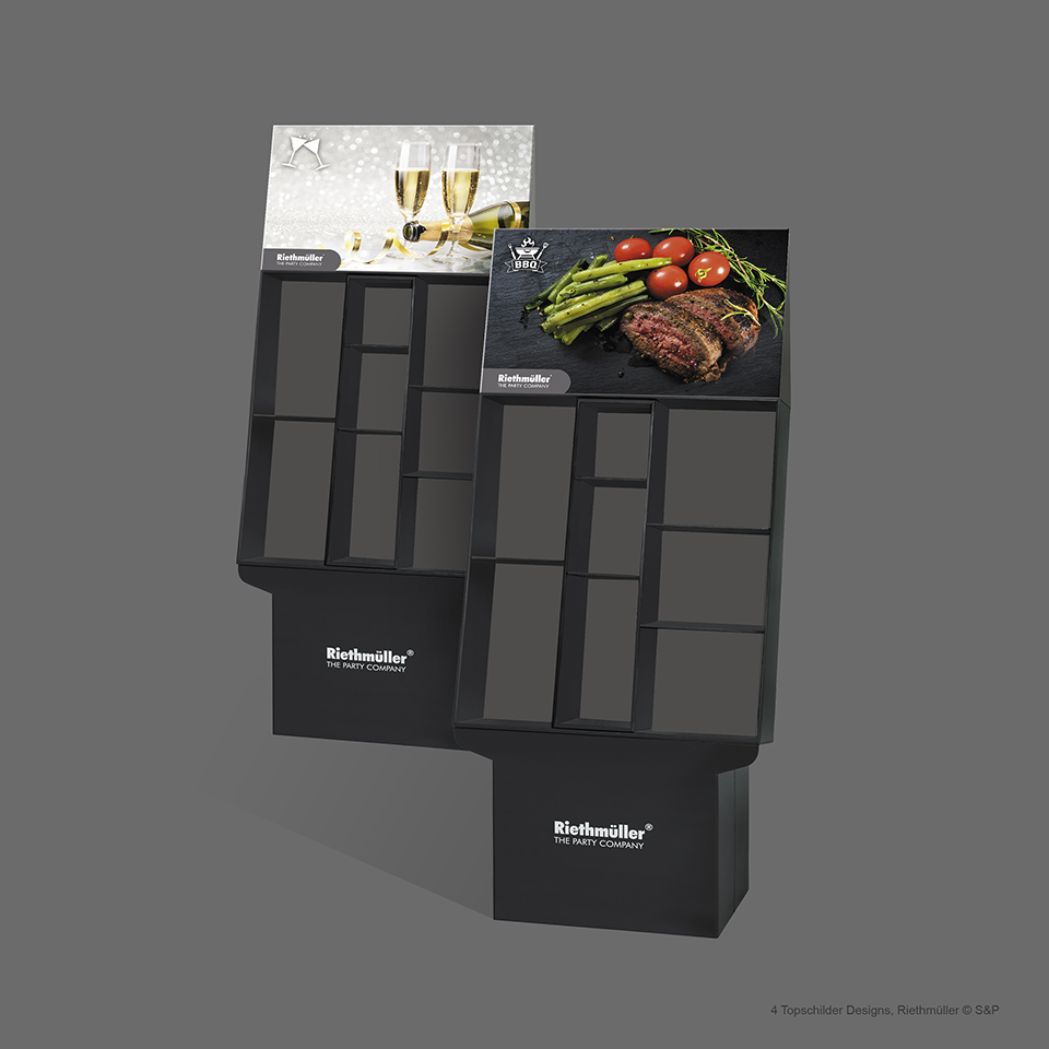 POS-Display mit wechselbaren Topschildern für Food- und Partyprodukte