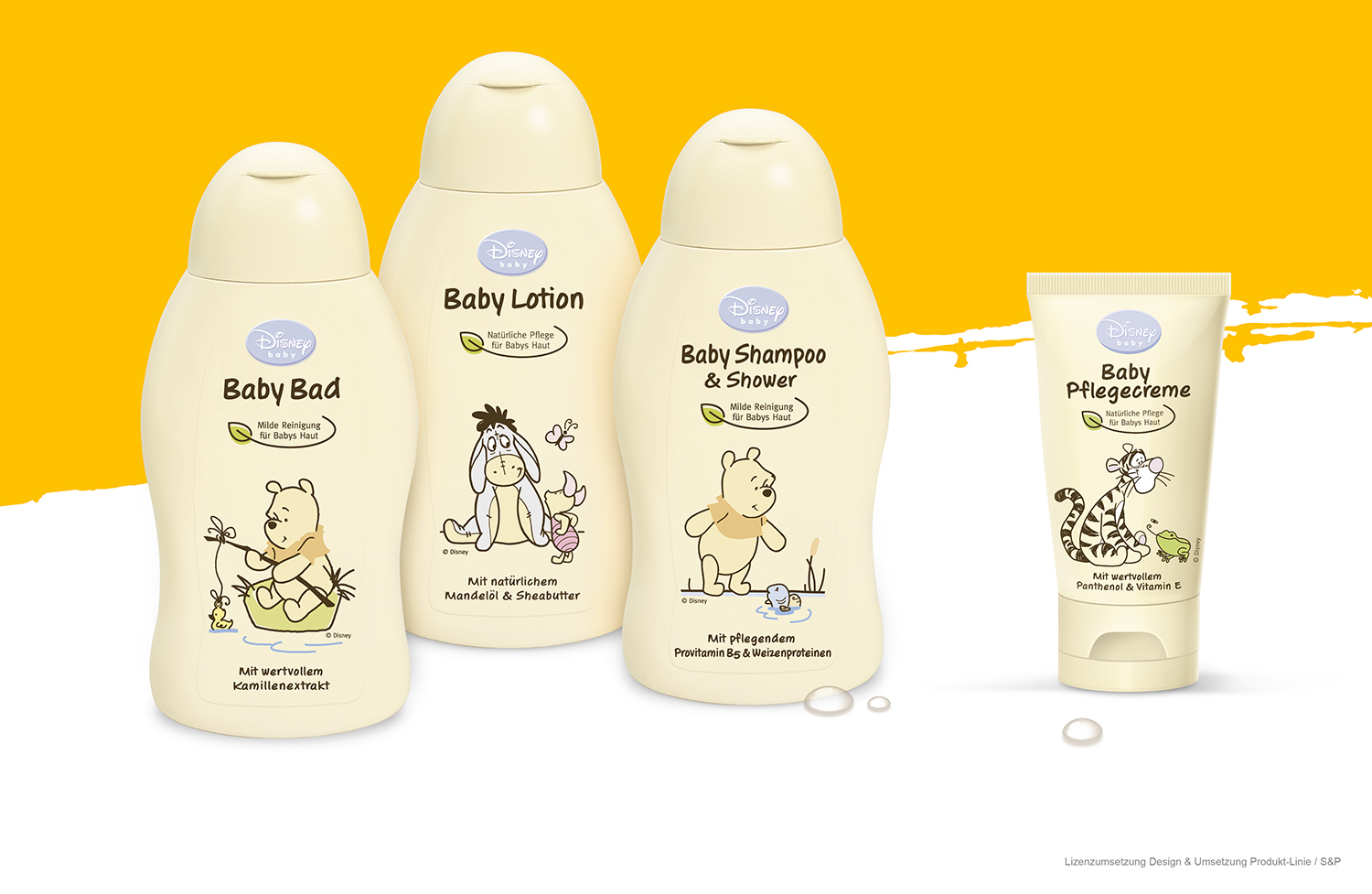 Verpackungsdesign einer Disney Baby Pflegeserie mit Winnie Puuh für Babybad, Babylotion, Shampoo und Pflegecreme.