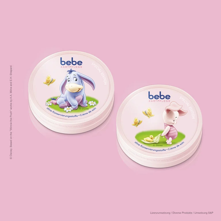 Verpackungsdesign für Disney Lizenzprodukte auf bebe Pflegecreme Special Editions mit I-Aah und Ferkel
