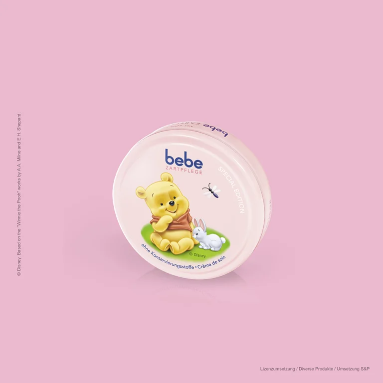 Verpackungsdesign für Disney Lizenzprodukte auf einer bebe Pflegecreme Special Edition mit Winnie Puuh