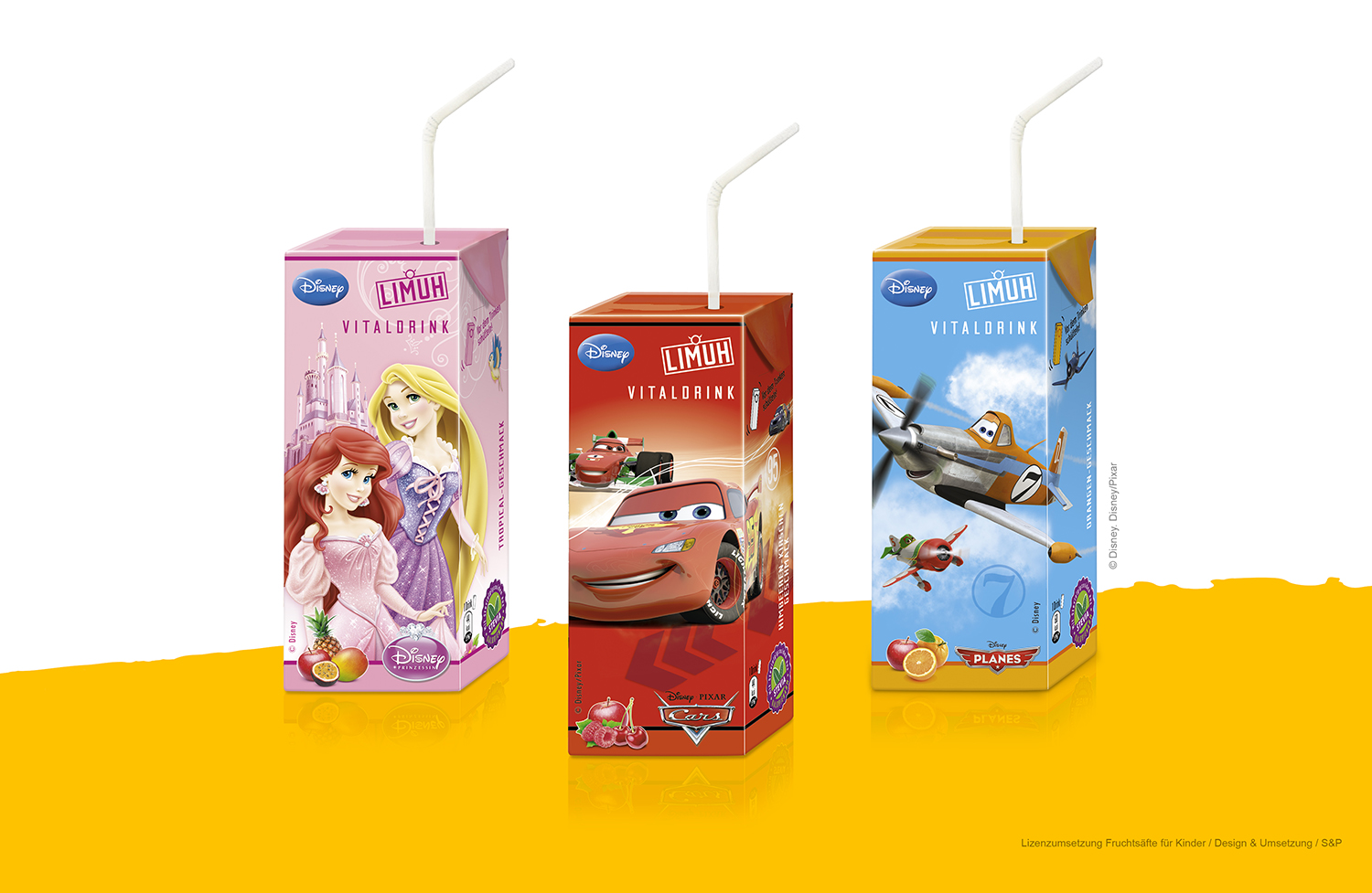 Verpackungsdesign für Disney Lizenzprodukte auf Kinder-Fruchtsaftverpackungen mit Disney Prinzessinnen, Cars und Planes