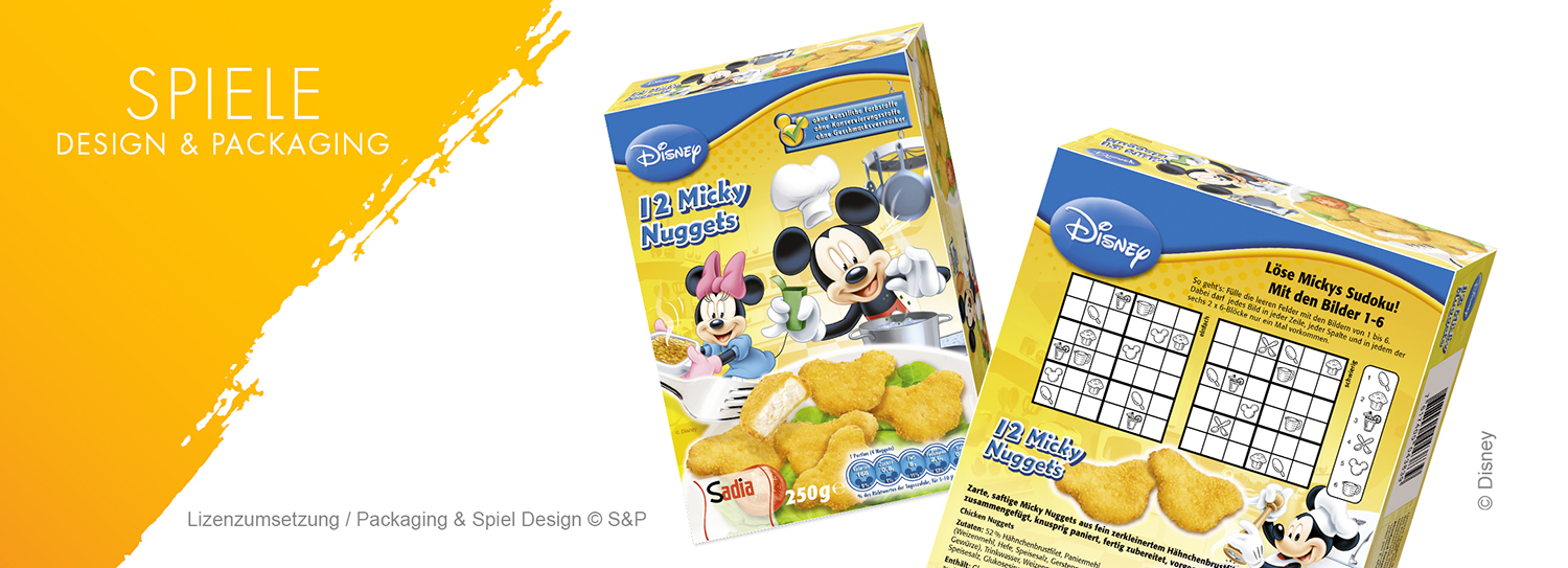 Verpackungsdesign für Disney Micky Nuggets mit Sudoku Spiel auf der Rückseite