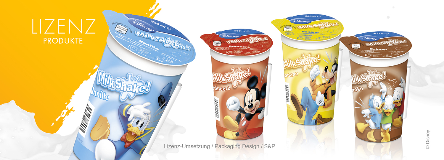 Verpackungsdesign für Disney Milkshake Lizenzprodukte in mehreren Geschmacksrichtungen