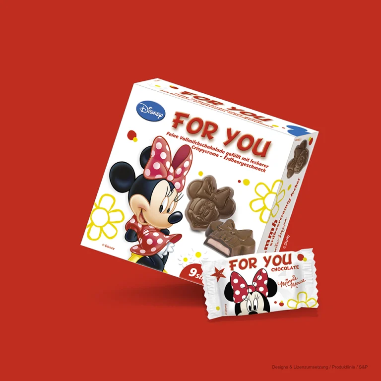 Verpackungsdesign für Disney Minnie Schokolade mit geprägten Schokoladenfiguren als Lizenzprodukt