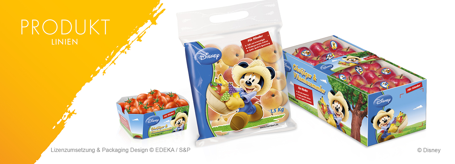 Verpackungsdesign für Disney Lizenzprodukte auf Obstverpackungen mit Äpfeln, Aprikosen und Tomaten