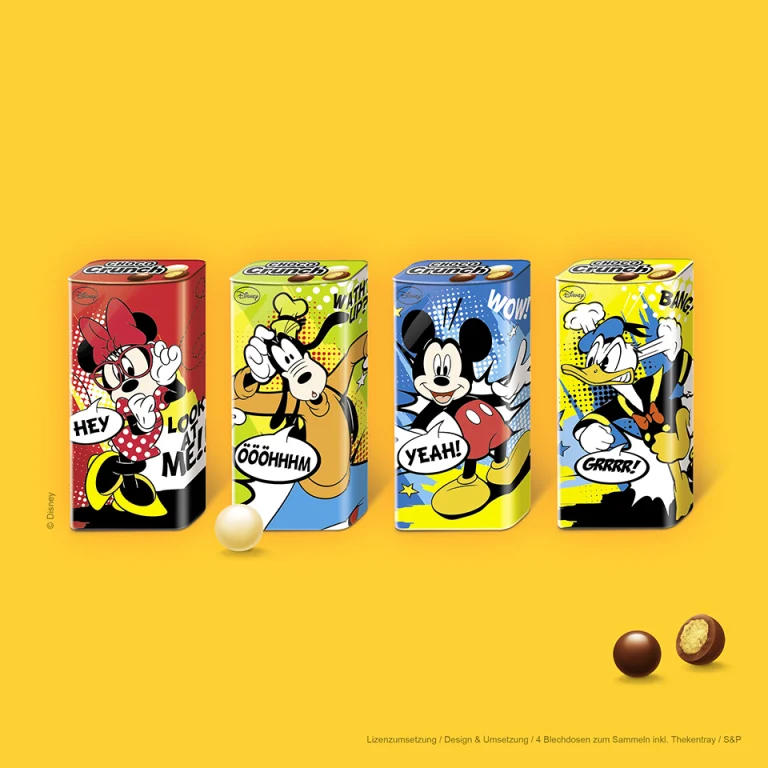 Verpackungsdesign für Disney Lizenzprodukte mit Mickey Mouse, Minnie, Donald Duck und Goofy auf Sammeldosen für Süsswaren