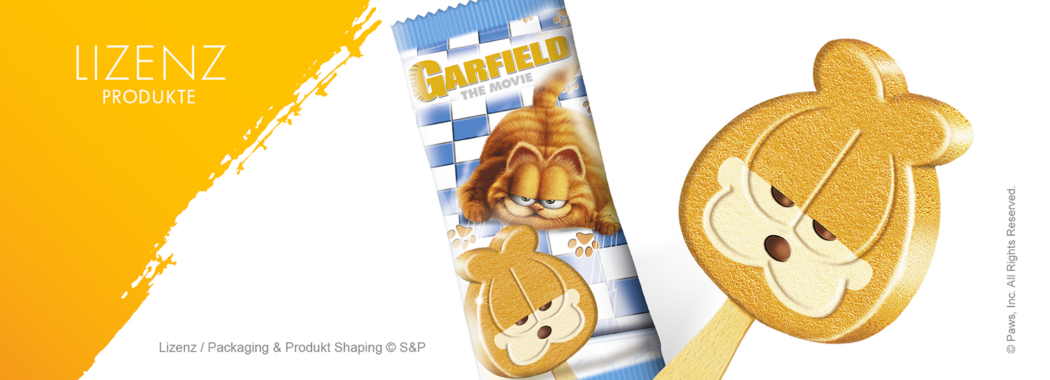 Verpackungsdesign und Produkt Shaping für Garfield Eis am Stiel als Lizenzprodukt