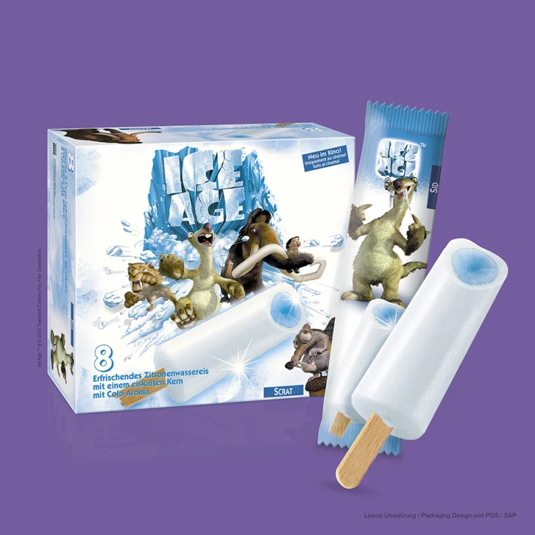 Verpackungsdesign für Ice Age Lizenz-Eis mit geformtem Eis am Stiel und Produkt Shaping