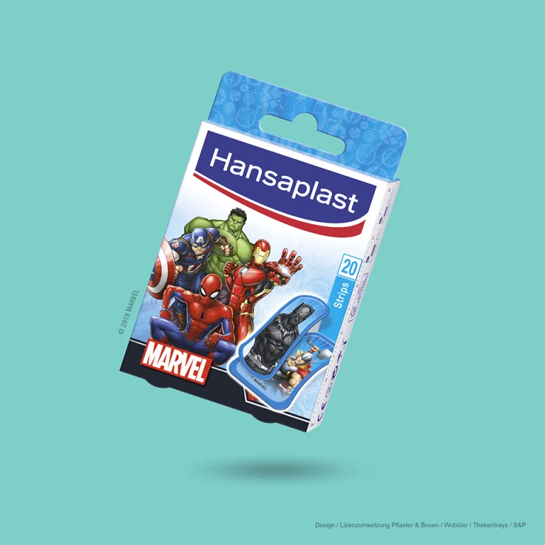 Verpackungsdesign für Hansaplast Kinderpflaster mit Marvel Lizenzmotiven auf der Faltschachtel