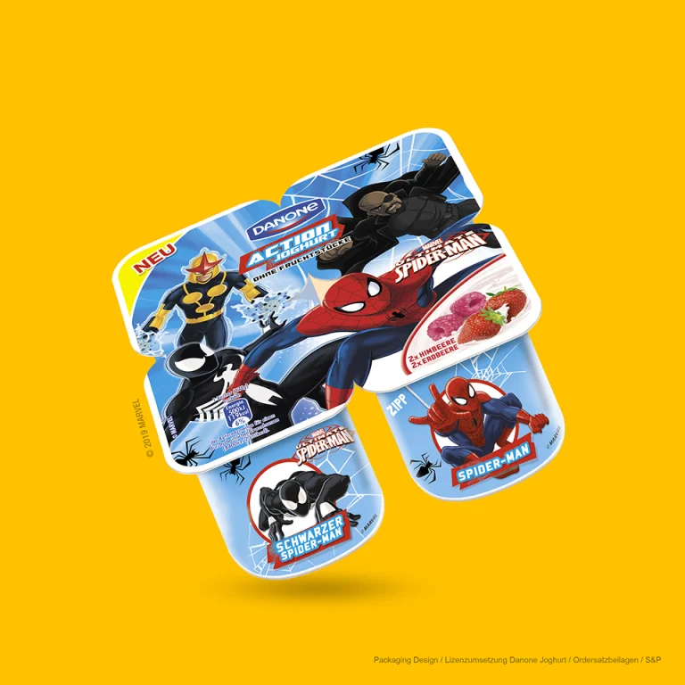 Verpackungsdesign für Danone Action Joghurt mit Marvel Spider-Man Lizenzmotiven