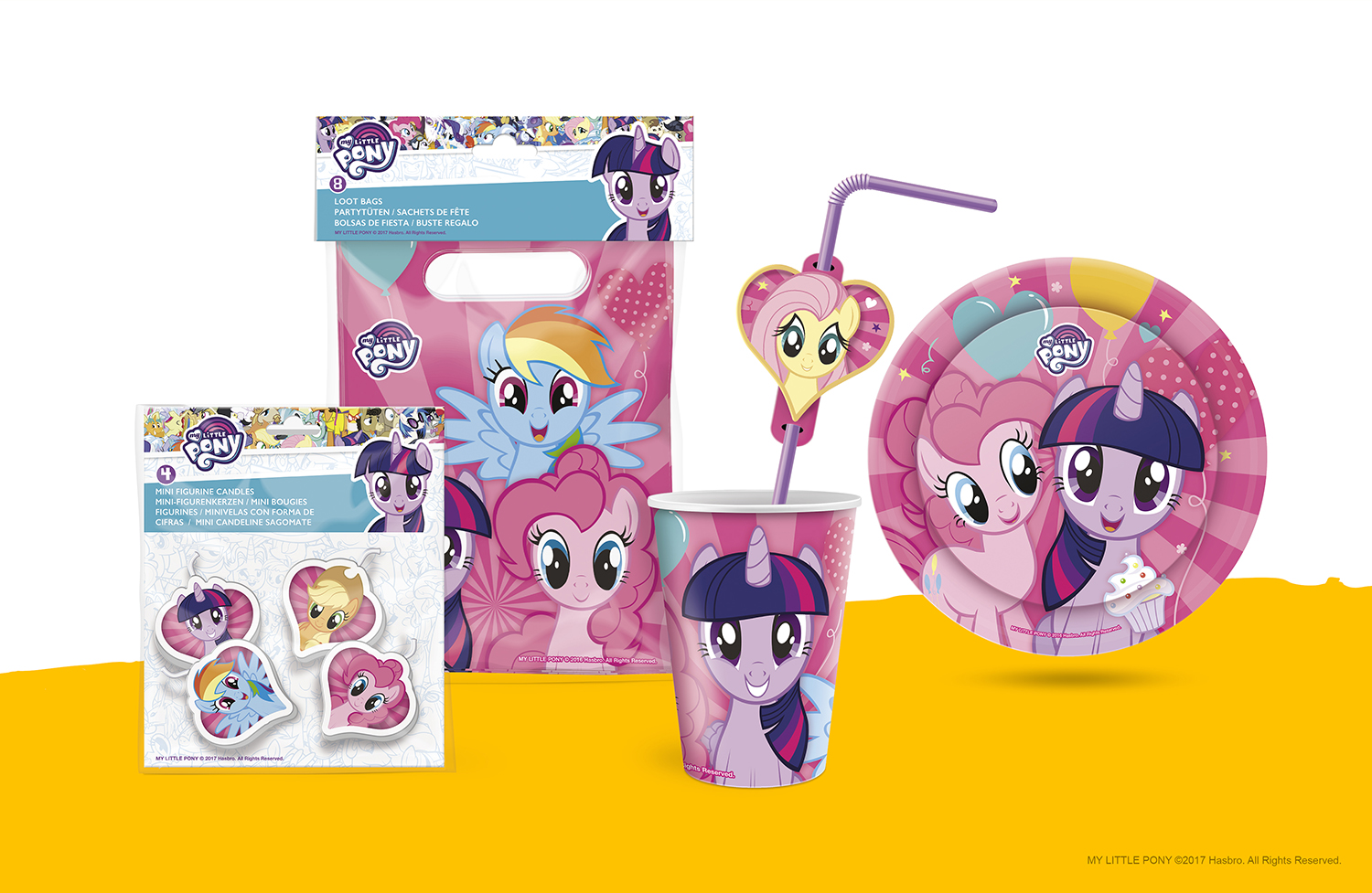 Verpackungsdesign für lizenzierte My Little Pony Partyartikel mit Tellern, Bechern, Trinkhalmen, Geschenktüten und Kerzen